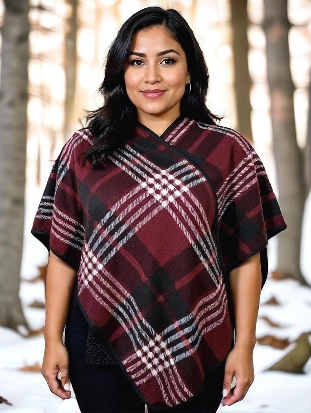 Ike Behar Plaid Reversible Sherpa Wrap Poncho Shawl One Size Burgundy Black